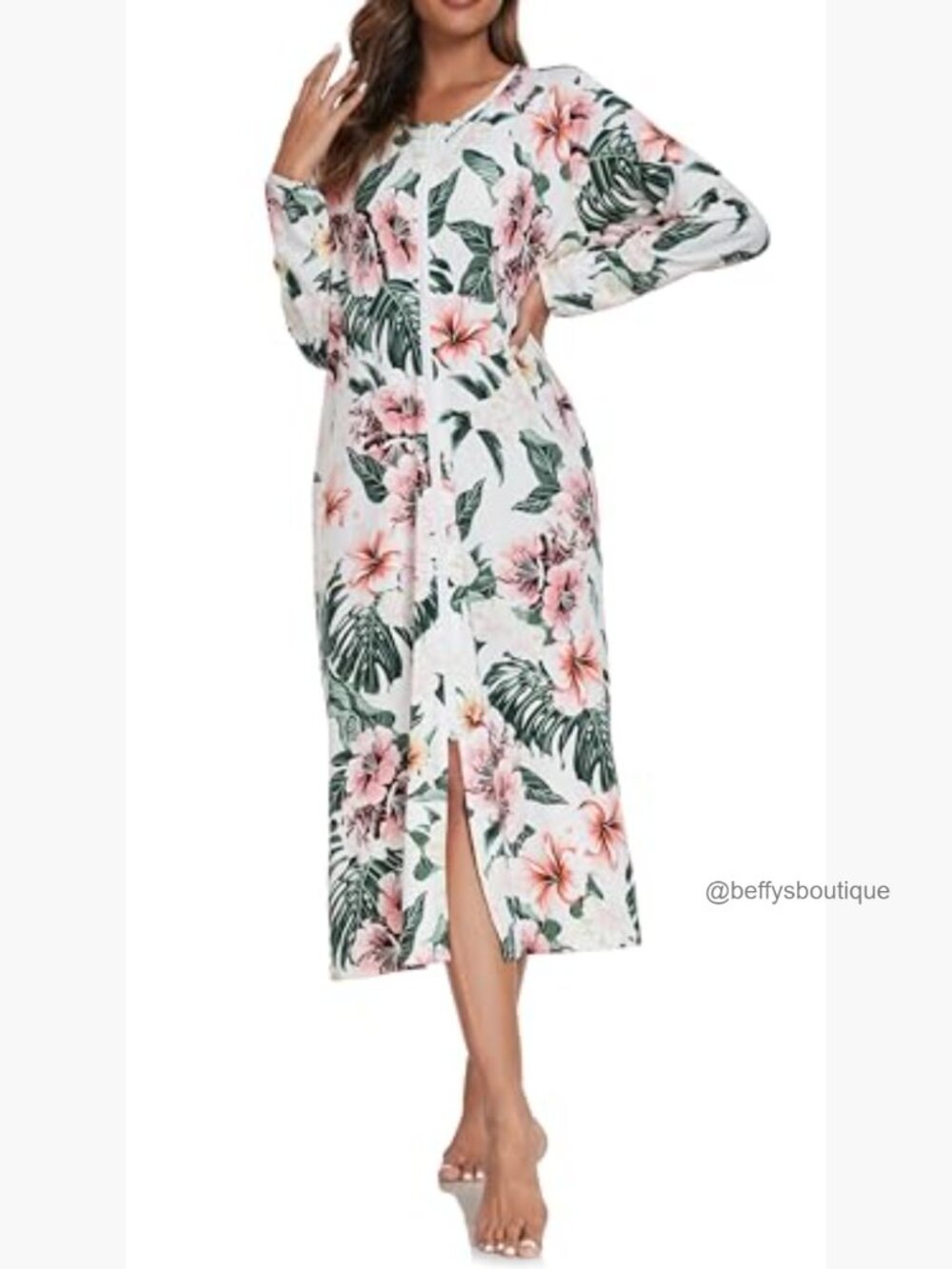 Short Sleeve Zip Front Nightgown Full Length Cotton Robe Lounge Dress Pockets - Picture 2 of 7